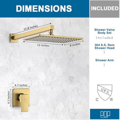 Shower Faucet Set Brushed Gold Bathroom Rainfall 12 Inch Shower Head and Handle Set Wall Mounted Shower System Single Function Shower Fixture, Include Shower Valve and Trim Kit - color: Brushed Gold, size: 12 Inch (Wall Mount)