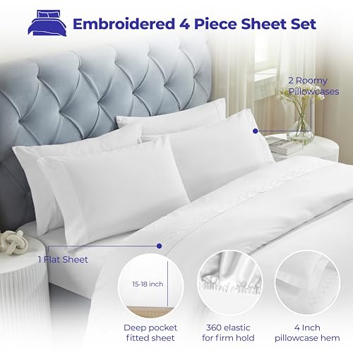 Superior Embroidered Cotton Bed Sheet Set, 1 Elastic Deep Pocket Fitted Sheet, 1 Flat Sheet, 1 Pillowcase, Daily Soft Sheets, Luxury, Unique Design, Chain Links Collection, Twin Size, White/White - color: White-white, size: Twin