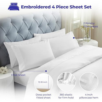 Superior Embroidered Cotton Bed Sheet Set, 1 Elastic Deep Pocket Fitted Sheet, 1 Flat Sheet, 1 Pillowcase, Daily Soft Sheets, Luxury, Unique Design, Chain Links Collection, Twin Size, White/White - color: White-white, size: Twin