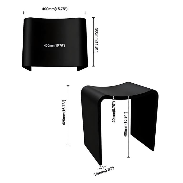 Black Shower Stool 16.7' H, Solid Surface Modern Bathroom Benches， | Heavy Duaty Stone Resin Bath Seat, 400 lbs Capacity Fancy Insider Shower Chairs for Shaving Legs - color: Black Curved