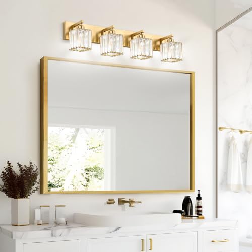 Gold Crystal Bathroom Vanity Light, 4-Light Modern Bathroom Lighting Fixtures Over Mirror,Chrome Wall Sconce Light Fixtures with Square Shade - color: Gold-Square Shade, size: 4-LIGHT