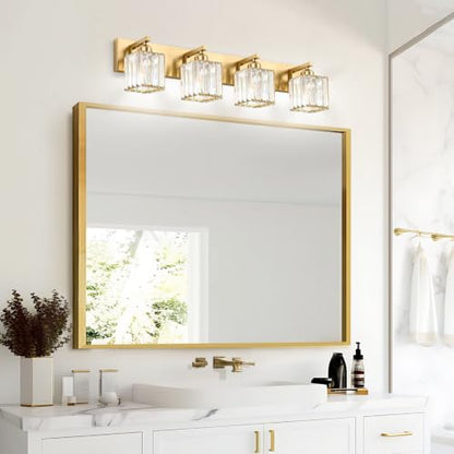 Gold Crystal Bathroom Vanity Light, 4-Light Modern Bathroom Lighting Fixtures Over Mirror,Chrome Wall Sconce Light Fixtures with Square Shade - color: Gold-Square Shade, size: 4-LIGHT