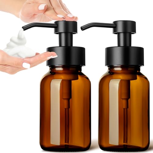 GMISUN Foaming Soap Dispenser, 8.5 fl oz / 250ml Amber Glass Foam Soap Dispenser for Bathroom & Kitchen, 2 Pack Modern Refillable Foaming Hand Soap Dispensers, Foam Pump Bottle with Waterproof Labels - color: Amber Bottle, size: 8.5 Fl oz without Silicone