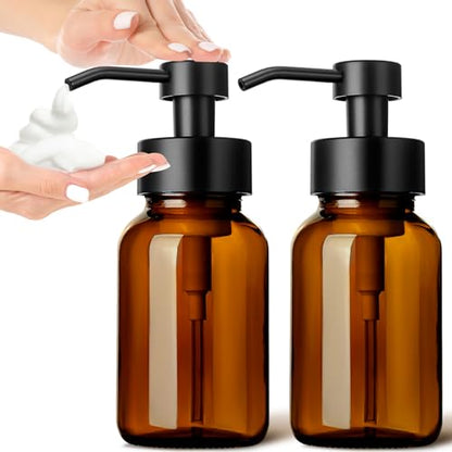 GMISUN Foaming Soap Dispenser, 8.5 fl oz / 250ml Amber Glass Foam Soap Dispenser for Bathroom & Kitchen, 2 Pack Modern Refillable Foaming Hand Soap Dispensers, Foam Pump Bottle with Waterproof Labels - color: Amber Bottle, size: 8.5 Fl oz without Silicone