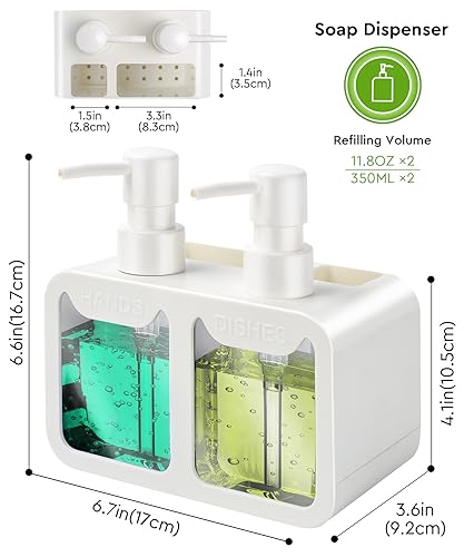 Kitchen Hand Soap and Dish Soap Dispenser Set, Dual Soap Dispenser with Sponge Caddy and Brush Holder 4-in-1 Organizer for Sink Countertop, Useful Kitchen Gadgets - White - color: White