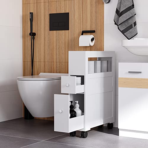 HOMCOM 6.25" x 20.5" x 28.25" Wood Rolling Narrow Bathroom Side Storage Cabinet - White - color: White