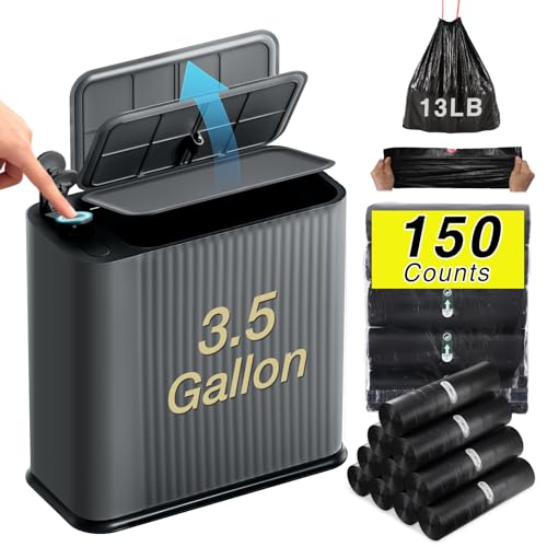 Bathroom Trash Can with Lid 13 Liter/ 3.5 Gallon Dark Gray Trash Can with Pop-Up Lid Bedroom Trash Can Small Garbage Can with 150 Counts Trash Bags for Small Bathroom Bedroom Office - color: Dark Gray