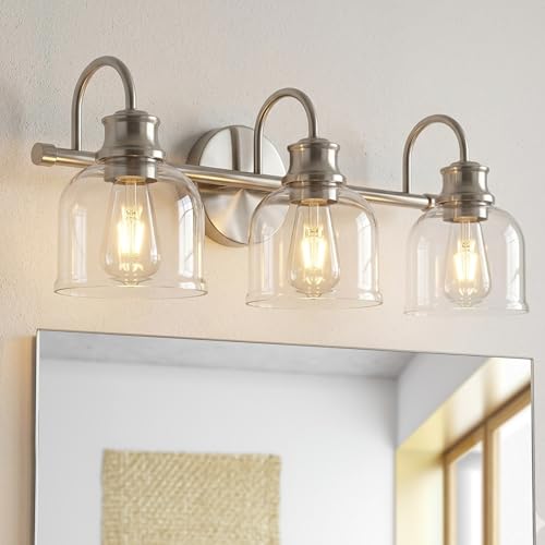 URSOLA 3 Lights 24" Bathroom Vanity Light Fixtures, Brushed Nickel Traditional Classic Vanity Light with Clear Glass, Bathroom Lighting Fixtures Over Mirror - color: Brushed Nickel, size: 3 Lights