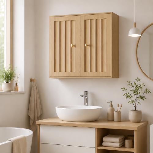 Semiocthome Wall Mounted Bathroom Cabinet with Vertical Grooved Doors, Oak | Wooden Medicine Cabinet with Adjustable Interior Shelf, Versatile Utility Storage for Bathrooms, Living Rooms and Kitchens