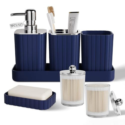 XLHOMO Bathroom Accessory Set - Gorgeous Bathroom Set, 7PC Navy Blue Bathroom Set, Soap Dispenser, Toothbrush Holder, Qtip Holder Set, Bathroom Sets Complete, Bathroom Sink Set for Home Decor - style: Navy Blue&Silver