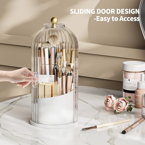 Dustproof Toothbrush Holder with Lid, 360 Rotating Countertop Electric Toothbrush Toothpaste Holders with Cover for Bathroom, 3 Slots Makeup Brush Holder with Lid for Vanity, Clear Grey - color: White with Clear Grey Lid