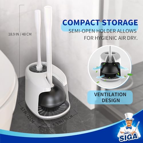 MR.SIGA Toilet Plunger and Brush with Holder for Toilet Cleaning, White | Heavy duty toilet brush and plunger set, plunger toilet brush combo - color: White