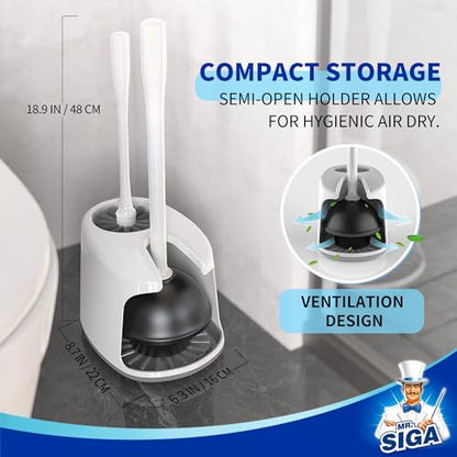 MR.SIGA Toilet Plunger and Brush with Holder for Toilet Cleaning, White | Heavy duty toilet brush and plunger set, plunger toilet brush combo - color: White