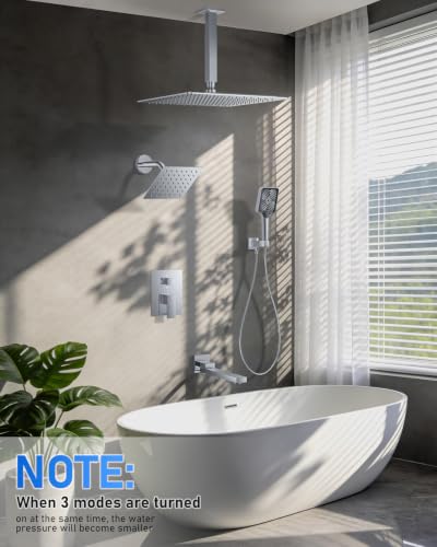 Woindo 4 Function Shower Faucet Set 12" Rain Shower Head/6'' Side Shower Head and 3 Setting Handheld Ceiling Mount Push Button Diverter Complete Rainfall Round Shower System Included Valve Trim Kit - color: Chrome Polished, style: 4-Function-Ceiling