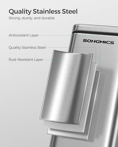 SONGMICS Bathroom Trash Can and Toilet Brush Set, 1.3 Gallon Small Trash Bin with Lid, Slim for Small Spaces, Stainless Steel Garbage Can, Soft Close, Silver ULTB560E0501 - color: Silver, style: 1.3 Gal. with Toilet Brush Set