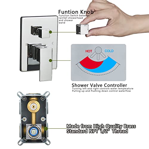 Rain Shower System Set with 10 Inch Large Shower Head High Pressure 2 Function Recessed Shower Valve Mixer Chrome Surface for Bathroom Remodel, Chrome - color: Polished Chrome, style: 10"- 2 Function