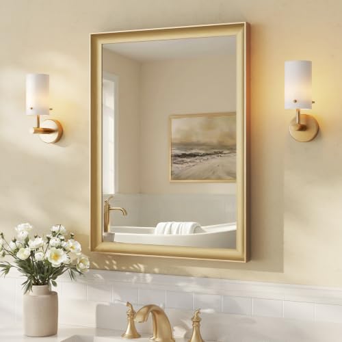 USHOWER Brushed Gold Bathroom Mirrors for Over Sink 22x30 Inch, Aluminum Framed Rectangle Vanity Mirror for Wall, Bedroom, Living Room, Entryway, Anti-Rust, HD Tempered Glass, Horizontal/Vertical - color: Brushed Gold, size: 30"L x 22"W