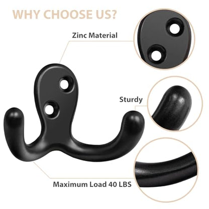 Homanu 34 Pack Coat Hooks, Heavy Duty Double Prong Coat Hooks Wall Mounted with 68 Screws, No Rust Black Metal Wall Hooks for Hanging Towel, Coat, Bag, Hat, Cup, Key - color: 34 Pcs Black