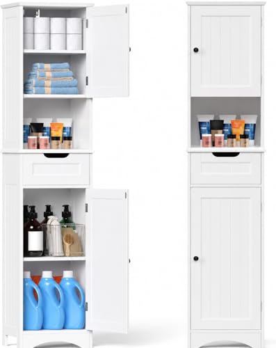 Gizoon 67” H Tall Bathroom Storage Cabinet, Narrow Storage Cabinet, White | Towel Cabinet with Freestanding Adjustable Shelves and 2 Doors & Drawer for Small Spaces, Kitchen, Living Room, Anti-Tipping - color: White