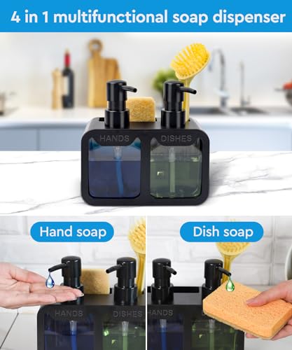 Kitchen Hand Soap and Dish Soap Dispenser Set, Dual Soap Dispenser with Sponge Caddy and Brush Holder 4-in-1 Organizer for Kitchen Sink Countertop, Useful Kitchen Gadgets - Black - color: Black
