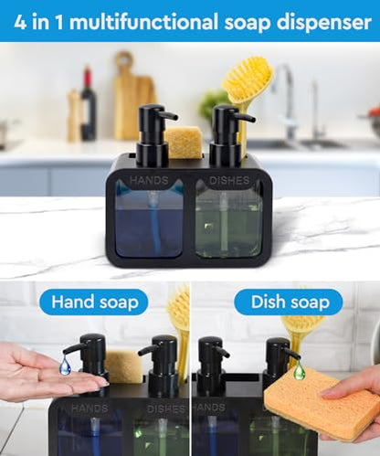 Kitchen Hand Soap and Dish Soap Dispenser Set, Dual Soap Dispenser with Sponge Caddy and Brush Holder 4-in-1 Organizer for Kitchen Sink Countertop, Useful Kitchen Gadgets - Black - color: Black