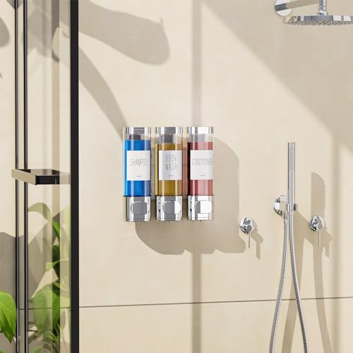 VITVITI Shampoo and Conditioner Dispenser for Shower Wall, Shower Soap Dispenser 3 Chamber No Drill Wall Mounted, 10.2 OZ Plastic Refillable Shower/Body Wash Bottles for Bathroom (Silver) - color: Silver
