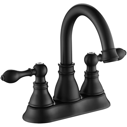 Matte Black 4 Inch Centerset Bathroom Sink Faucet 3 Hole with Pop up Drain | Derengge High Arc Classic 2-Handle Bathroom Faucet, Vanity Lavatory Faucet with 360° Swivel Spout，F-4501-MT - color: Matte Black