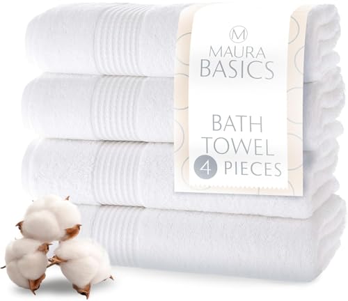 MAURA Basics Performance Bath Towels 100% Turkish Cotton with Hook Loops. Extra Large Luxury Absorbent Plush Towel Sets for Bathroom, Daily Use American Standard Size 27”x54”, White - color: White, size: Bath Towel (4-Pack)