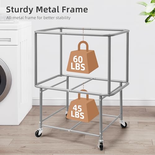 STORAGE MANIAC Rolling Laundry Cart with Storage Shelf, Heavy Duty Industrial Laundry Basket with Wheels, Commercial Metal Frame Clothes Hamper with Canvas Bag for Dorm, Closet, Bedroom, Beige