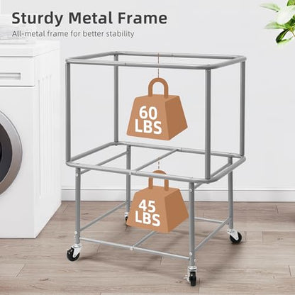 STORAGE MANIAC Rolling Laundry Cart with Storage Shelf, Heavy Duty Industrial Laundry Basket with Wheels, Commercial Metal Frame Clothes Hamper with Canvas Bag for Dorm, Closet, Bedroom, Beige