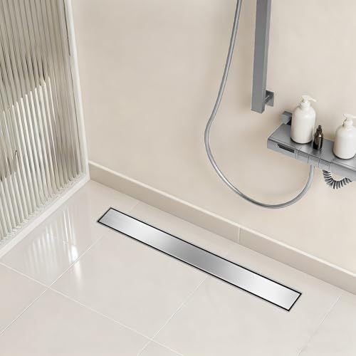 Linear Shower Drain - 32 Inch Brushed Nickel, with Tile Insert Panels | AISI 304 Stainless Steel Shower Drain with Adjustable Feet, Hair Catcher, Rectangle Shower Floor Drain Fits Bathroom, Balcony - color: Brushed Nickel, size: 32 Inch