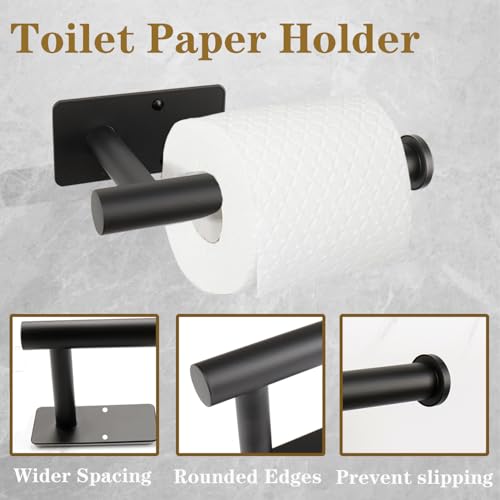 5 PCS Self Adhesive Bathroom Hardware Set, Stainless Steel Towel Rack Set Include 16In Bath Towel Bar+Toilet Paper Holder+3 Towel/Robe Hooks No Drill Bathroom Accessory Kit(Matte Black) - color: Matte Black, size: 16 In-5 Pcs