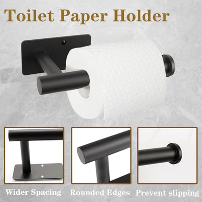 5 PCS Self Adhesive Bathroom Hardware Set, Stainless Steel Towel Rack Set Include 16In Bath Towel Bar+Toilet Paper Holder+3 Towel/Robe Hooks No Drill Bathroom Accessory Kit(Matte Black) - color: Matte Black, size: 16 In-5 Pcs