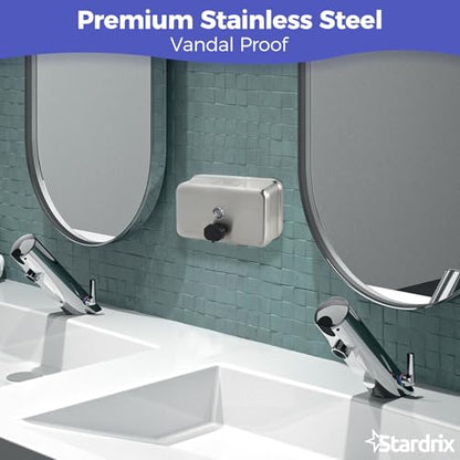 Stardrix Heavy Duty Stainless Steel Wall Mount Soap Dispenser, 1100ml/37oz, with Corrosion Proof Lining and Anti-Leak Pump for Commercial & Home Bathroom Kitchen (Horizontal) - size: Horizontal