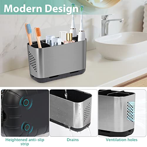 Boperzi Toothbrush and Toothpaste Holder Brushed Nickel Drainage for Bathroom Vanity, Large Electric Toothbrush Storage Caddy Anti-Slip Rustic with Adjustable Dividers for Family, Kids - color: Brush Nickel+black