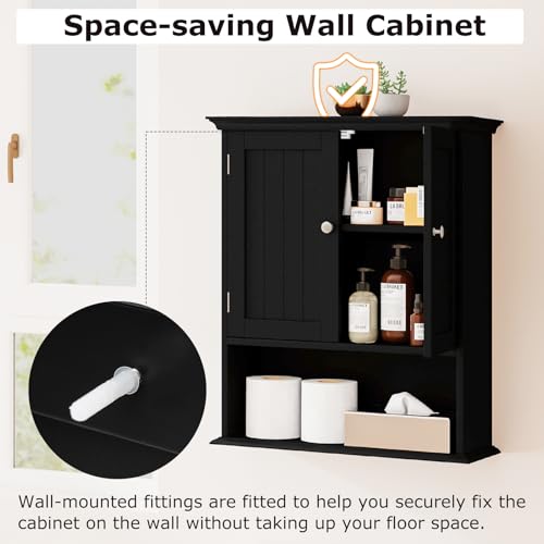 Bathroom Wall Cabinet, Over the Toilet Storage Cabinet with 2 Doors, 3 Heights Adjustable Shelf & Open Shelf, Wooden Hanging Medicine Cabinet for Bathroom, Kitchen, Living & Laundry Room, Black - color: Black