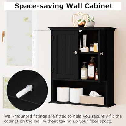 Bathroom Wall Cabinet, Over the Toilet Storage Cabinet with 2 Doors, 3 Heights Adjustable Shelf & Open Shelf, Wooden Hanging Medicine Cabinet for Bathroom, Kitchen, Living & Laundry Room, Black - color: Black