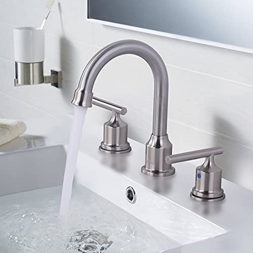 WOWOW Widespread Bathroom Faucet Brushed Nickel Bathroom Sink Faucet 8 inch Vanity Tap 2 Handle 3 Holes Deck Mount Taps with Drain - color: Brushed Nickel, size: Widespread