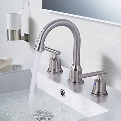 WOWOW Widespread Bathroom Faucet Brushed Nickel Bathroom Sink Faucet 8 inch Vanity Tap 2 Handle 3 Holes Deck Mount Taps with Drain - color: Brushed Nickel, size: Widespread