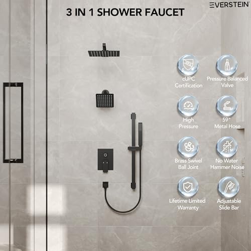 10" High-Pressure Rainfall Shower Faucet with Handheld Spray, Wall Mount Dual Shower Head System with Slide Bar (Matte Black) - color: Black, style: Wall Mount-with Slide Bar