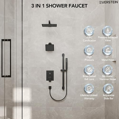 10" High-Pressure Rainfall Shower Faucet with Handheld Spray, Wall Mount Dual Shower Head System with Slide Bar (Matte Black) - color: Black, style: Wall Mount-with Slide Bar