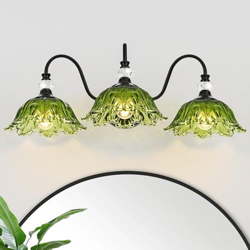 Black Bathroom Vanity Light,3-Light Vanity Light with Floral Green Glass Shades,Vintage Farmhouse Wall Mount Lighting for Bathroom, Dressing Table - color: Black and Green, size: 3-Light