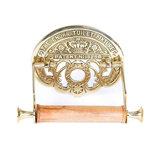 Bright Brass Wall Mount Toilet Paper Holder 7.25" Wide Vintage Crown Style Solid Brass Easy Install Toilet Tissue Paper Holders with Wooden Roll for Bathroom | Renovators Supply Manufacturing - color: Antique Brass Crown