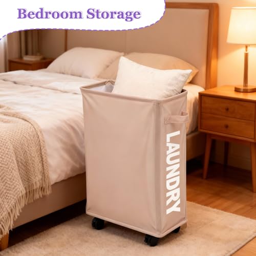 Slim Rolling Laundry Hamper with Wheels, 42L Collapsible Narrow Laundry Basket with Drawstring Mesh Cover, Foldable Dirty Clothes Organizer for Bathroom, Dorm, Small Spaces, Khaki - color: Khaki