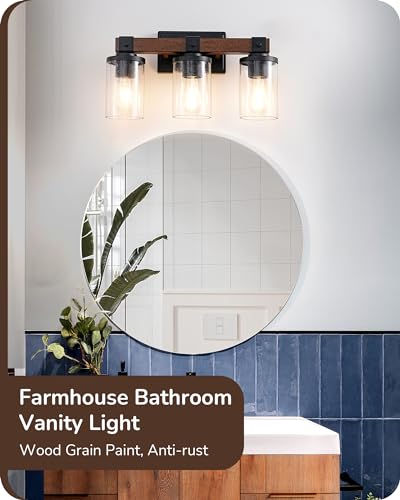 EDISHINE 3-Light Painted Wood Farmhouse Vanity Light, Bubble Glass Shade | Up & Down Reversible Mounting, E26 Base, Industrial Farmhouse Design, Wall Sconces Lamp for Bedroom, Powder Room - size: 3-Light with Bubble Glass Shade