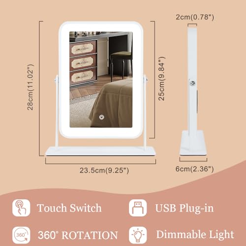 YEKKOPT Small Desk Mirror with Lights, Lighted Makeup Mirror with Light, Portable Tabletop Make Up Mirror for Desk, Vanity Mirror with Lights,Smart Touch Control, Dual Power Supply, 360°Rotation - size: 11"L x 9"W