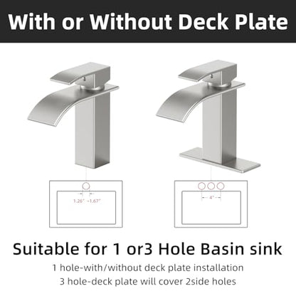 Waterfall Bathroom Faucet,Brushed Nickel Stainless Steel, 1-Handle | Modern Bathroom Sink Faucet for RV & Outdoor Basins, Pop-Up Drain, Supply Lines, 6-in Deck Plate, 1- or 3-Hole, NSF Certified - color: Brushed Nickel
