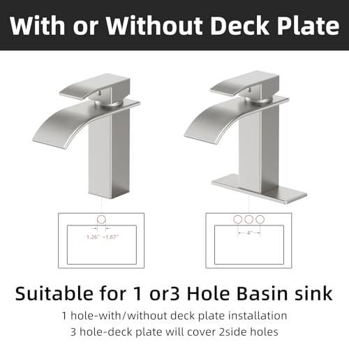 Waterfall Bathroom Faucet,Brushed Nickel Stainless Steel, 1-Handle | Modern Bathroom Sink Faucet for RV & Outdoor Basins, Pop-Up Drain, Supply Lines, 6-in Deck Plate, 1- or 3-Hole, NSF Certified - color: Brushed Nickel
