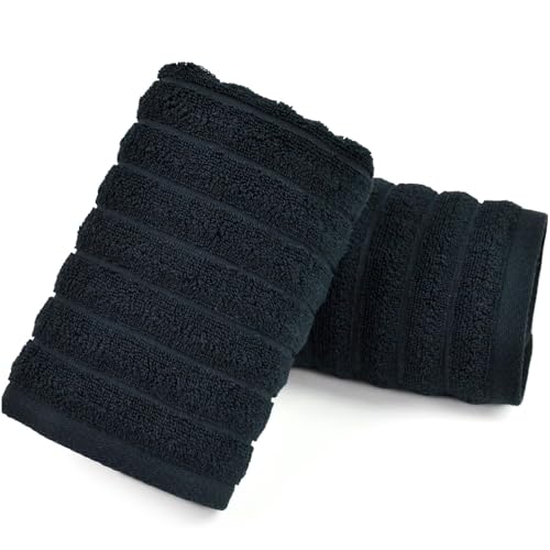 Jacquotha 2-Pack Bathroom Hand Towels (Black) Ribbed | Guest Room & Spa Cotton Face Towels 13” x 29”, Soft and Quick Drying 480 GSM - color: Black