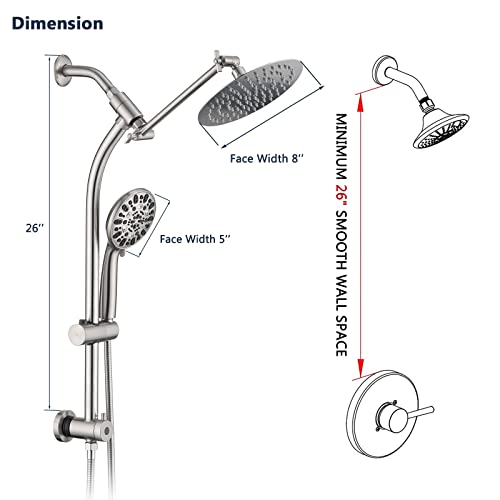 Rainfall 8 Inch Round Shower Head with High Pressure Handheld Spray Combo, Drill-Free Slide Bar with Adjustable Shower Extension Arm, 3-Way Diverter for Easy Reach, 5Ft Hose- Brushed Nickel - color: Brushed Nickel